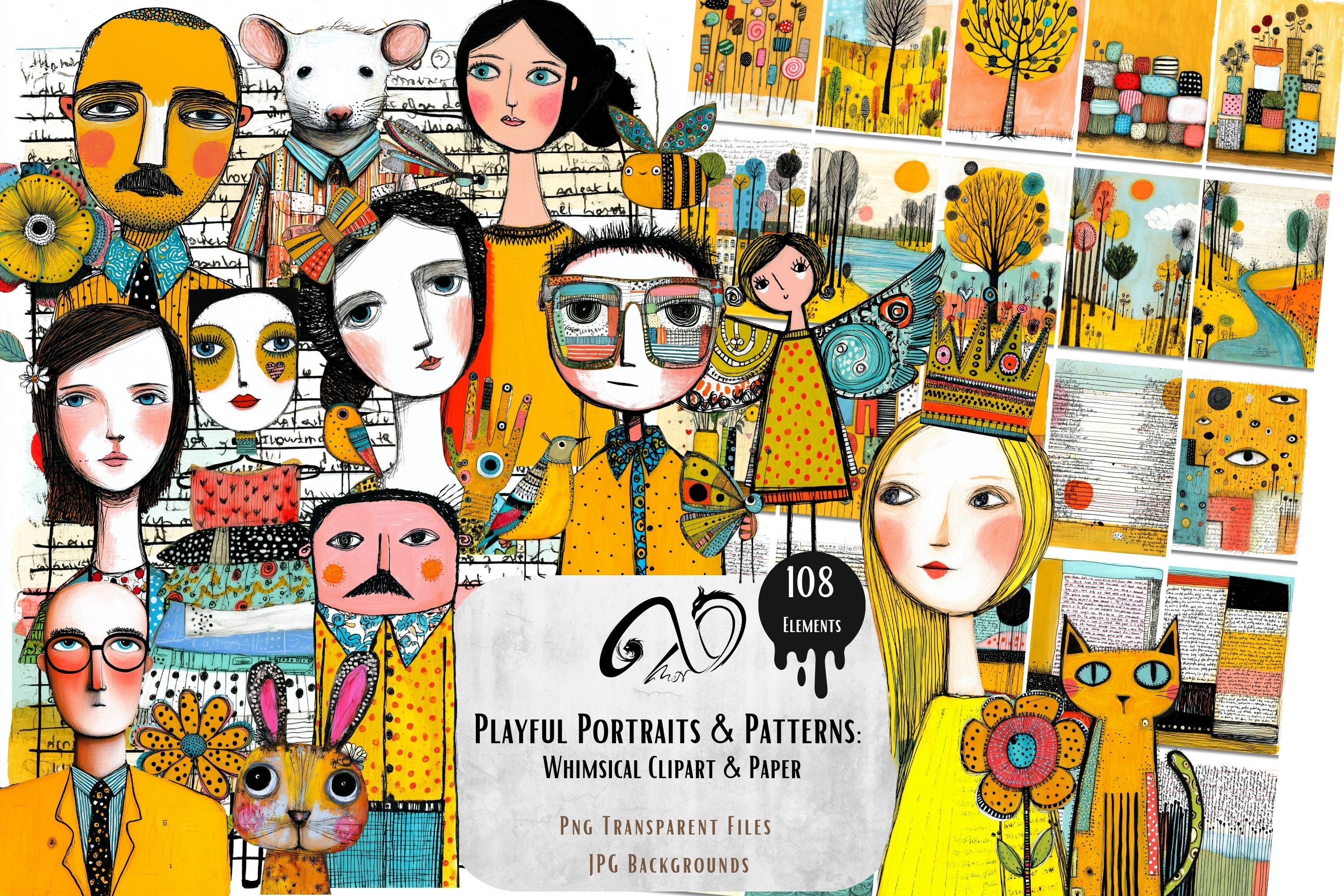 Spielerische Portraits & Muster: Ephemera Mixed-Media-Kunst, druckbares Scrapbooking-Versorgungsmaterial, wunderliche Skizze, launische Hintergrundpapierpuppen PNG