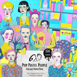 May include: A digital collage featuring stylized portraits of people in pastel colors. The image includes a variety of figures with unique hairstyles and clothing, along with decorative elements and the text "Pop Pastel People Collage Paper Pack".