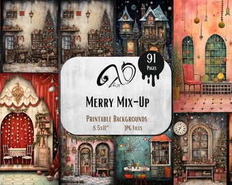 Può includere: Una collezione di sfondi stampabili ad acquerello a tema natalizio. L'immagine presenta varie scene d'interni con alberi di Natale, caminetti e decorazioni festive. Il testo sull'immagine recita "Merry Mix-Up" e "Printable Backgrounds 8.5x11" JPG Files".