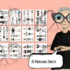 May include: Illustration of a woman with large, patterned glasses and a black shirt, with 15 printable sheets featuring cartoon figures in various outfits. The sheets are arranged on a pink background.