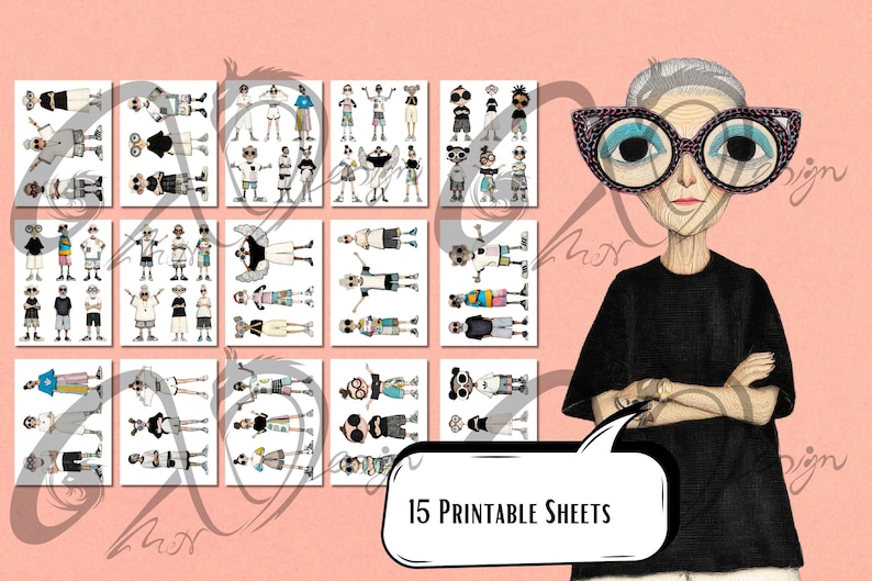 May include: Illustration of a woman with large, patterned glasses and a black shirt, with 15 printable sheets featuring cartoon figures in various outfits. The sheets are arranged on a pink background.