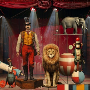 Sotto The Big Top Whimsical Vintage Circus Clipart, arte tecnica mista effimera, stampabile Fussy Cut Circus Ephemera, sfondo stravagante, PNG immagine 6