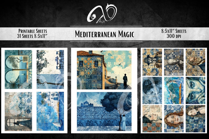Magie méditerranéenne : collection d'arrière-plans lunatiques techniques mixtes imprimables, papier d'arrière-plan numérique Sea Beach toile de fond numérique océan filles image 5