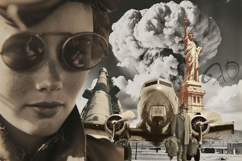Może przedstawiać: Fotomontaż w stylu vintage przedstawiający kobietę w okularach lotniczych, dużą chmurę w kształcie grzyba, Statuę Wolności, zabytkowy samolot i rakietę.