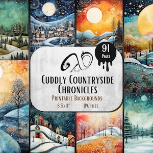 Cuddly Countryside Chronicles - Tecnica mista e carte, download digitale, diario spazzatura, PNG, JPEG, sfondo stampabile, paesaggio stravagante