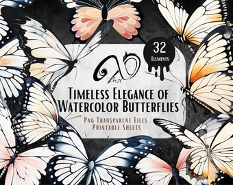 Elegancia atemporal de mariposas vintage, páginas de diario de mariposas, imágenes prediseñadas de mariposas de acuarela, PNG, hoja imprimible, mariposa en mal estado