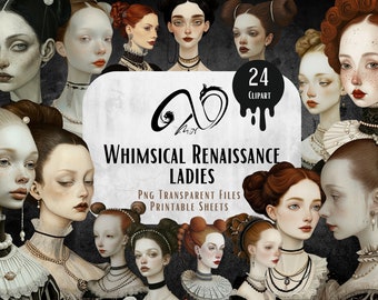 Whimsical Renaissance ladies, Printable Sheets, Vintage Images, Collage sheets, Whimsical, JPG PNG, Junk Journal, Digital Download Scrapbook