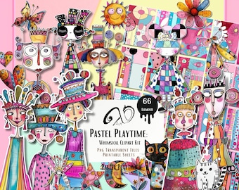 Pastel Playtime: Whimsical Kit, ephemera mixed media art, printable scrapbooking supply, Whimsical Sketch, Whimsy Background Paper doll PNG