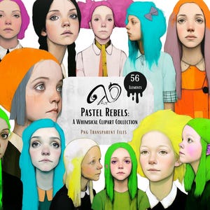 Pastel Rebels : une collection de cliparts fantaisistes de portraits, de filles vibrantes au charme original, parfaites pour les journaux, les collages et les techniques mixtes