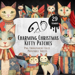 Kitty Patches - Personaggi e carte natalizie, download digitale, diario spazzatura, PNG, JPEG, stampabile, diario di Natale, uso commerciale