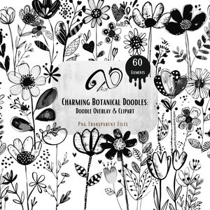 Botanische doodles: Floral clipart, lijntekeningen-overlays, botanische png-overlays, digitale afbeelding, ontwerpelementen, zwarte bloemen kieskeurig gesneden