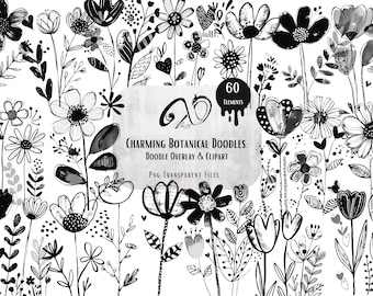 Kwiatowy rysunek w stylu „Doodle”: nakładki z grafiką botaniczną (cyfrowa ilustracja PNG)
