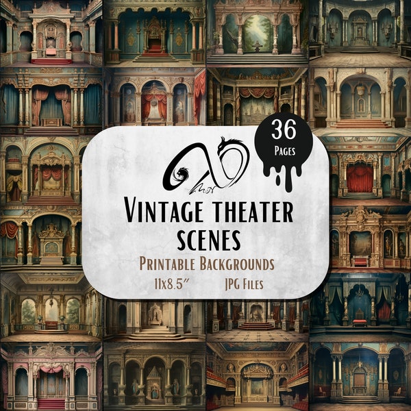 Vintage Theaterszenen, Szene Grafik, Journaling, Scrapbooking, Digital Collage Sheet, jpg, printable, Hintergrund, Theater, Bühne, wunderlich