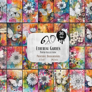 Jardin éthéré : arrière-plans techniques mixtes, téléchargement numérique, journal indésirable, collection imprimable, fleurs papillons, graphisme fantaisiste