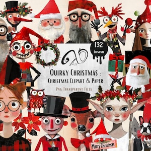 Quirky Christmas: Clipart e carte di Natale, effimere, arte multimediale, scrapbooking, clipart artistiche, diario di Natale stravagante, stampabile, PNG