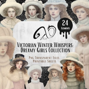 Victorian Winter Whispers, cartolina della collezione Girls, Natale e documenti, download digitale, diario spazzatura, stampabile, clipart vittoriana, PNG