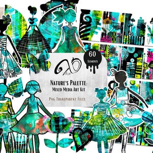 Nature's Palette: Mixed Media Art Kit, ephemera mixed media art afdrukbare scrapbooking aanbod, blad, bos grillige achtergrond papier pop