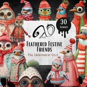 Feathered Festive, personaggi di uccelli natalizi, download digitale, diario spazzatura, Png, Jpeg, stampabile, diario di Natale, uso commerciale
