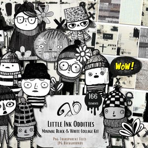 Könnte beinhalten: Minimalistisches Schwarz-Weiß-Collage-Kit mit skurrilen Illustrationen von Charakteren mit Hüten und gestreiften Hemden. Der Text lautet "Little Ink Oddities" und "166 Elemente". Eine Sprechblase sagt "Wow!"