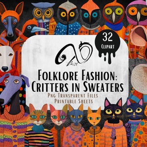 Moda folcloristica, personaggi animali, download digitale, creatore di diari, PNG, Jpeg, foglio stampabile, diario spazzatura, stravagante, maglioni animali