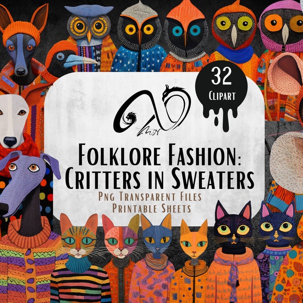 Folklore Fashion, Animal Characters, Digital Download, Journal Creator, Png, Jpeg, Printable Sheet, Junk Journal, Whimsical, animal Sweaters