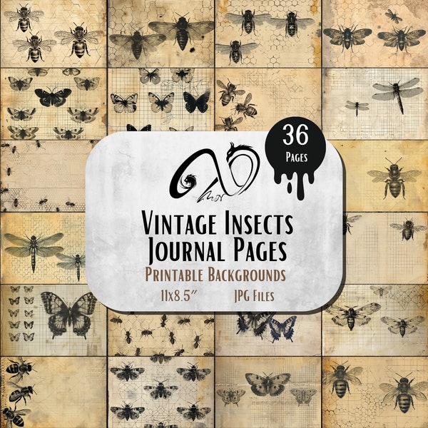 Vintage Insects Journal Pages, Printable, Vintage Ephemera, Junk Journal Cards, Vintage Bugs, Vintage Butterflies, Grungy Ephemera whimsical