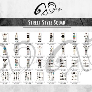 May include: Digital art print featuring a collection of 45 street style character illustrations. The artwork includes various poses and outfits, with the text "Street Style Squad" and "300 DPI" displayed.