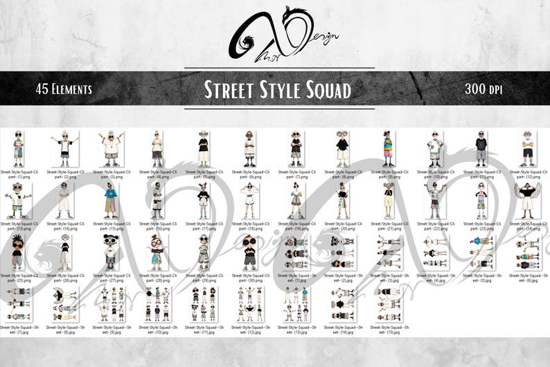 May include: Digital art print featuring a collection of 45 street style character illustrations. The artwork includes various poses and outfits, with the text "Street Style Squad" and "300 DPI" displayed.