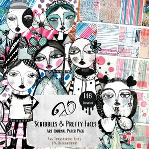 May include: A digital art pack titled "Scribbles & Pretty Faces" featuring whimsical illustrations of stylized faces and decorative elements. The artwork includes a variety of colours, including teal, pink, and black, with the text "146 Elements".