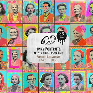 Funky Portraits: pacchetto di carta digitale artistica, effimeri di diario spazzatura digitale, astratto stampabile, kit di scrapbooking, foglio di collage Carta colorata