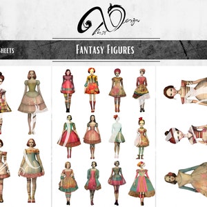 Figure fantasy: Whimsical Paper Doll Clipart, forniture per scrapbooking stampabili di arte tecnica mista effimera, sfondo stravagante per ragazze stravaganti immagine 5