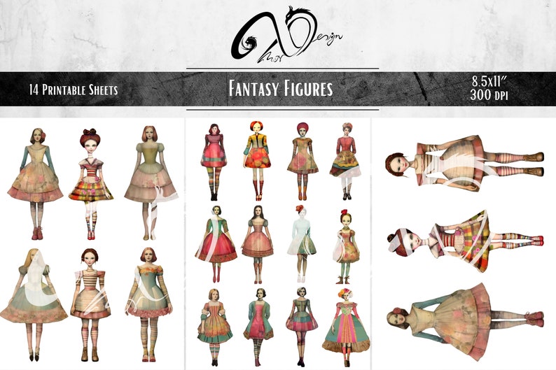 Figure fantasy: Whimsical Paper Doll Clipart, forniture per scrapbooking stampabili di arte tecnica mista effimera, sfondo stravagante per ragazze stravaganti immagine 5