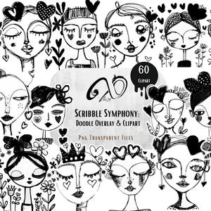 Scribble Symphony: Doodle Overlay & Clipart, sovrapposizioni di disegni al tratto, sovrapposizioni di png, illustrazione digitale, elementi di design, volti neri Fussy cut