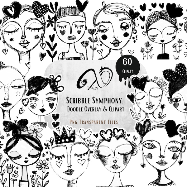 Whimsical Faces Clipart: Doodle Line Art PNG Overlays (Digital Download)