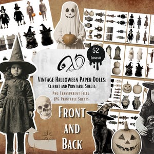 Bambole di carta vintage di Halloween: Clipart, fogli stampabili, diario digitale, foto antiche, kit di scrapbooking, collage di fogli, streghe