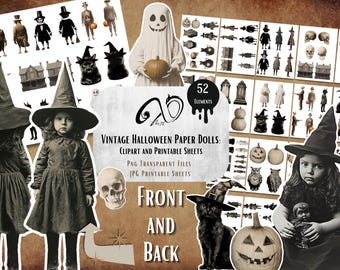May include: Vintage Halloween paper doll clipart set with 52 elements. The set includes a variety of characters, including witches, ghosts, and cats. The dolls are designed in a spooky and whimsical style, perfect for adding a touch of Halloween fun to your projects.