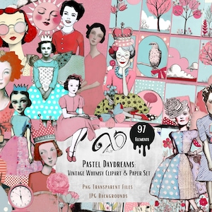 Pastel Daydream: imágenes prediseñadas encantadoras, papel pastel, diario basura, manualidades extravagantes, arte efímero con técnica mixta, material para scrapbooking, muñeca de papel