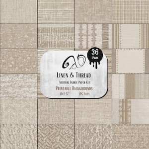 Può includere: Un kit di carta digitale con 36 sfondi in tessuto neutro. Gli sfondi presentano varie trame e motivi, tra cui lino, tessuti e disegni floreali. Il kit include sfondi stampabili di 27,9 x 21,6 cm. Il prodotto è etichettato "Linen & Thread".