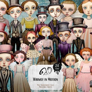 Whimsy in Motion: Clipart di bambole di carta Steampunk, forniture per scrapbooking stampabili con tecniche miste effimere, sfondo Whimsy di ragazze stravaganti