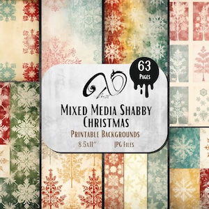 Mixed media shabby kerstachtergrond en papier, winterpostkaart, digitale download, junkjournal, jpeg, afdrukbaar, kerstdagboek