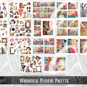 Tavolozza giocosa stravagante, oggetti effimeri, arte multimediale mista, forniture per scrapbooking stampabili, Ragazze stravaganti, Sfondo stravagante, Bambola di carta PNG immagine 8