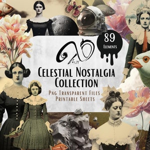 Celestial Nostalgia Collection, Printable Surreal Backgrounds, Commercial Use, Collage, Whimsical, JPG, PNG, Junk Journal, Digital Download