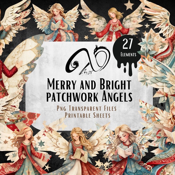 Merry patchwork Angels-Kerstmiskarakters & Papers, Digitale Download, Junk Journal, Png, Jpeg, Afdrukbaar, Kerstdagboek, Commercieel Gebruik