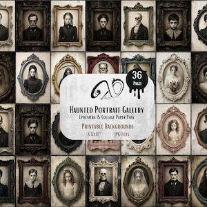 Puede incluir: Una colección de 36 páginas imprimibles con una galería de retratos embrujados en marcos ornamentados. La etiqueta central dice Haunted Portrait Gallery Ephemera & Collage Paper Pack Printable Backgrounds 8.5x11 JPG Files.