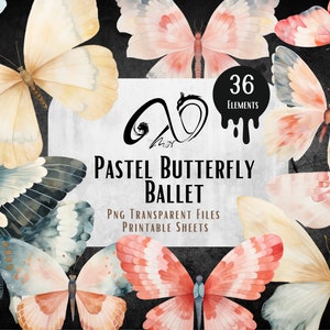 Pastell Schmetterling Ballett, Schmetterling Journal Seiten, Aquarell Schmetterlinge Clipart, Rosa Schmetterling, Blau-rote Schmetterlinge, PNG, Printable Sheet