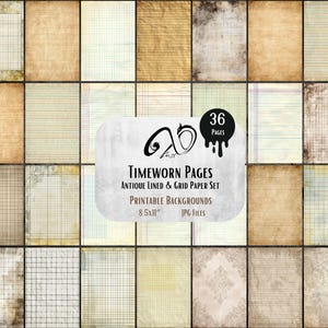 May include: A collection of 36 printable antique lined and grid paper backgrounds. The papers have a vintage, timeworn appearance with various textures and colors, including beige, brown, and off-white. The image includes the text "TIMEWORN PAGES" and "8.5x11" JPG FILES."