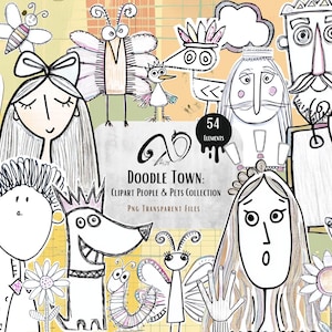Doodle Town : collection de cliparts pour personnes et animaux de compagnie, coupe délicate, personnes et animaux de compagnie originaux, journaux indésirables, techniques mixtes, art fantaisiste, gribouillage