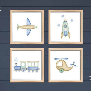 May include: Four framed watercolour illustrations of transport vehicles: a blue and green aeroplane, a green and blue rocket, a blue and green train, and a green and brown helicopter.