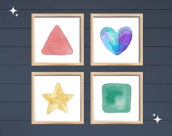Baby Room Art Printable Watercolor Shapes Kids Wall Art Baby Room Heart Art Star Art Baby Room Green Triangle Art Nursery Instant Download
