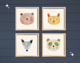 Woodland Nursery Wall Art Printable Instant Download Watercolor Bear Baby Room Woodland Theme Baby Room Cat Fox and Bear Art Nursery